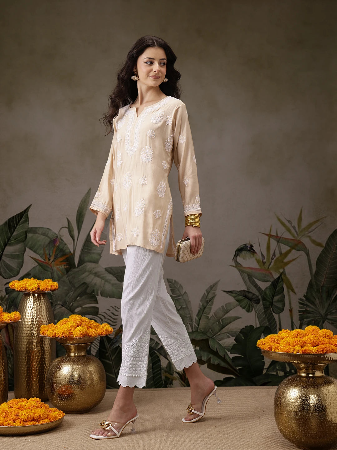Ada Hand Embroidered White Lycra Lucknowi Chikankari Pant A711194