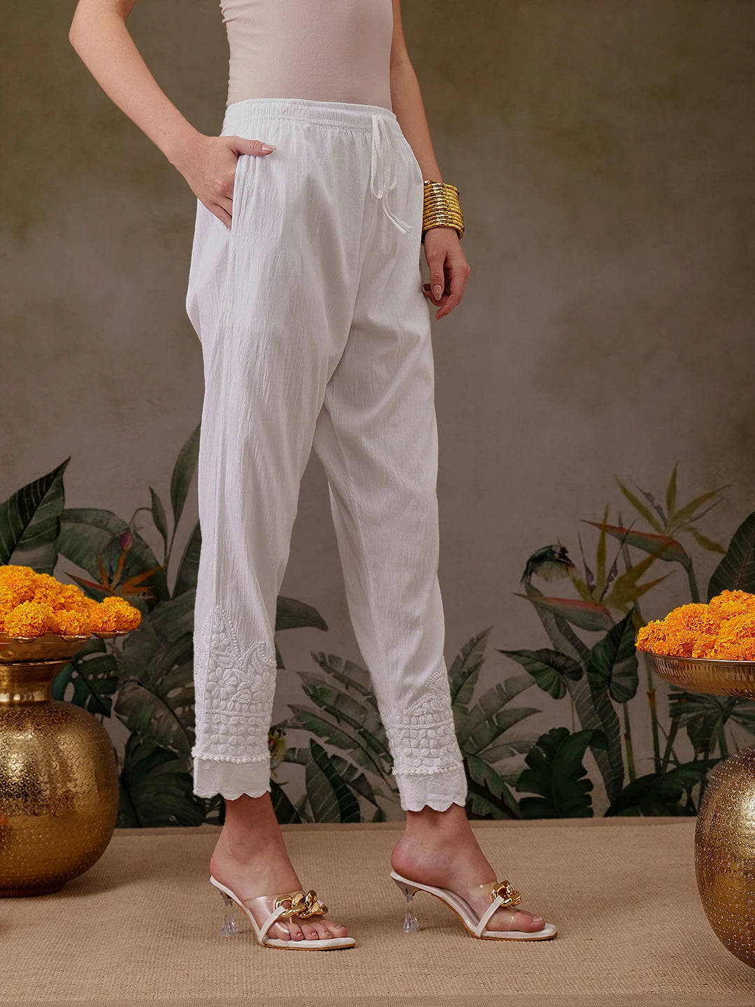 Ada Hand Embroidered White Lycra Lucknowi Chikankari Pant A711194