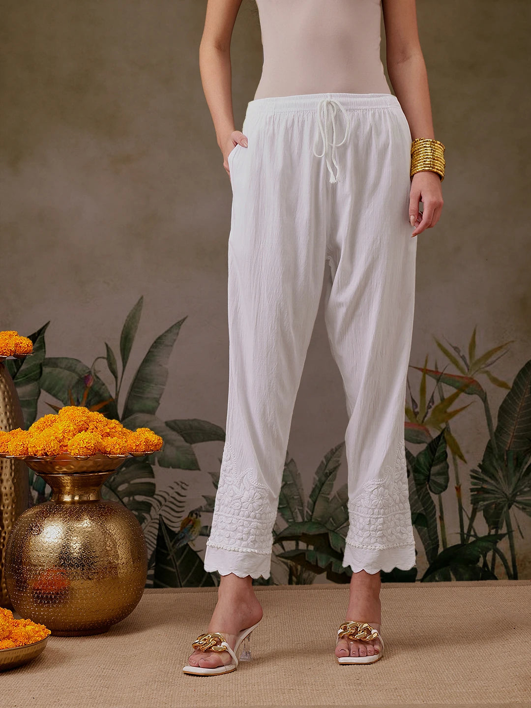 Ada Hand Embroidered White Lycra Lucknowi Chikankari Pant A711194