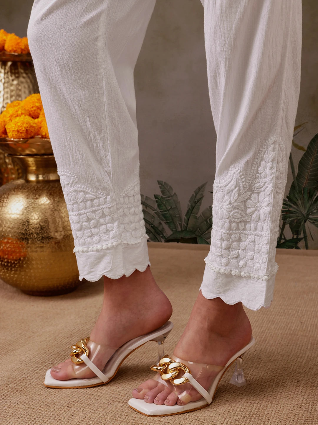 Ada Hand Embroidered White Lycra Lucknowi Chikankari Pant A711194