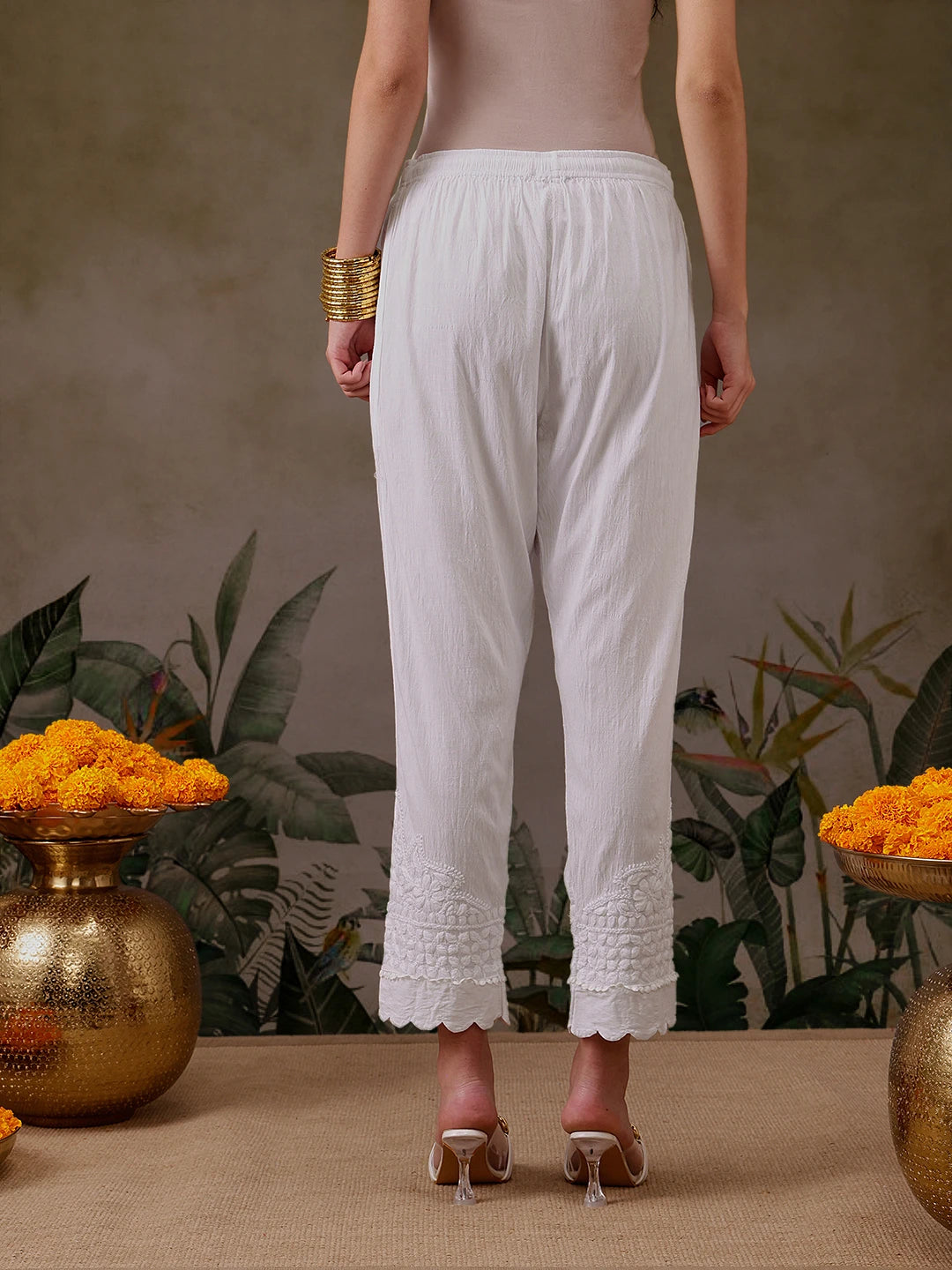 Ada Hand Embroidered White Lycra Lucknowi Chikankari Pant A711194