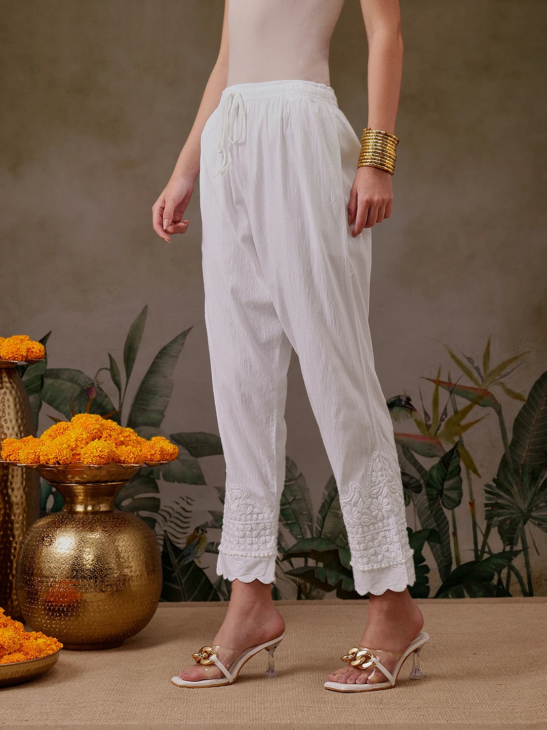 Ada Hand Embroidered White Lycra Lucknowi Chikankari Pant A711194