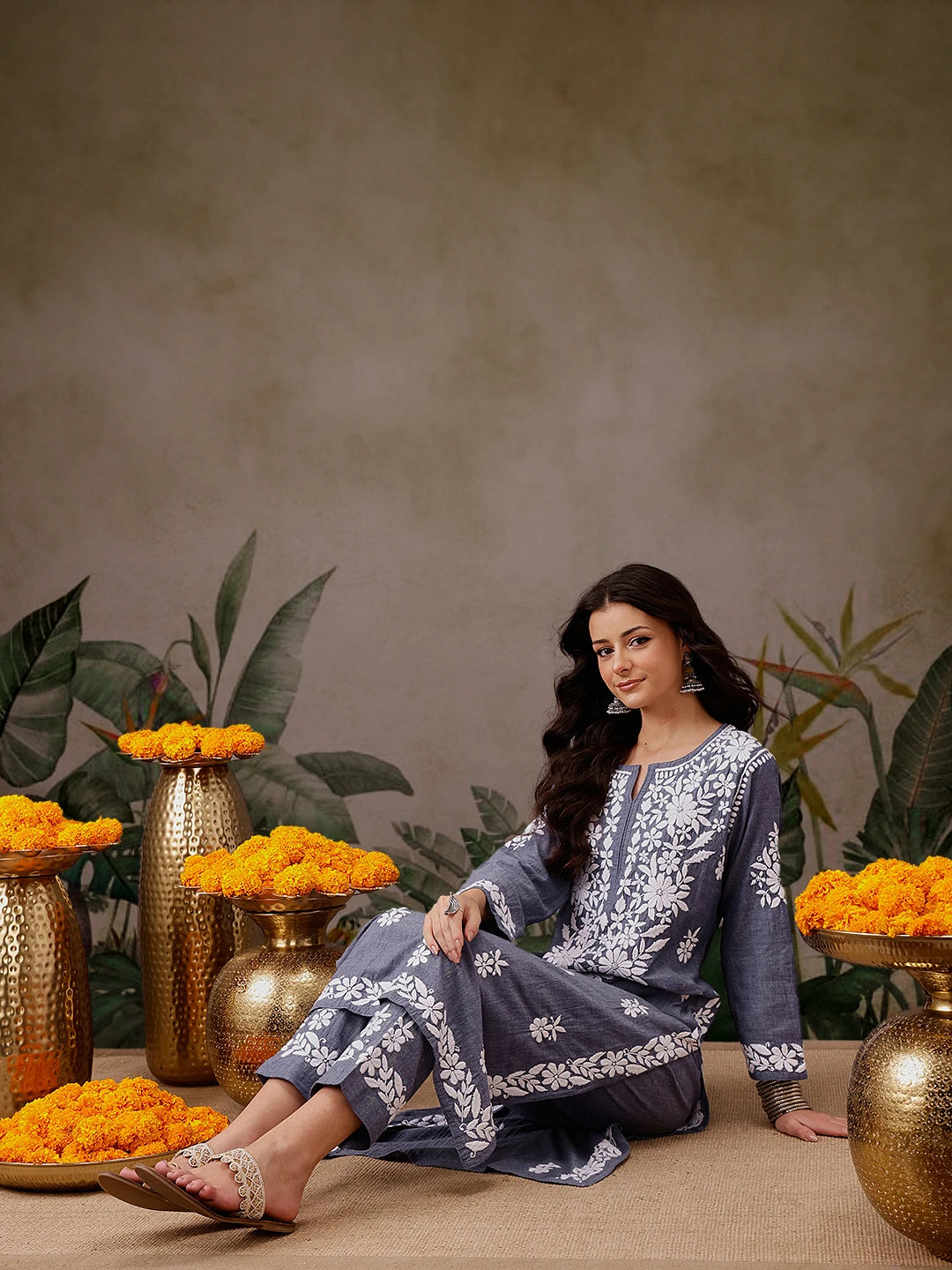 Ada Hand Embroidered Dark Blue Denim Lucknowi Chikankari Co-Ord Set A811304
