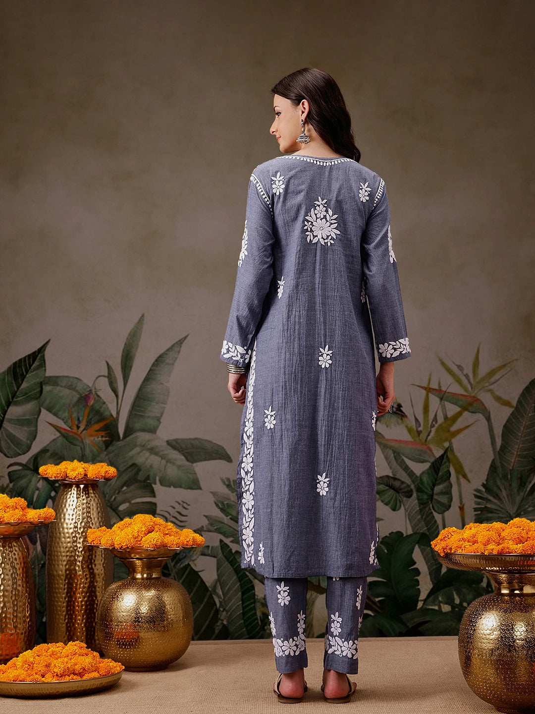 Ada Hand Embroidered Dark Blue Denim Lucknowi Chikankari Co-Ord Set A811304