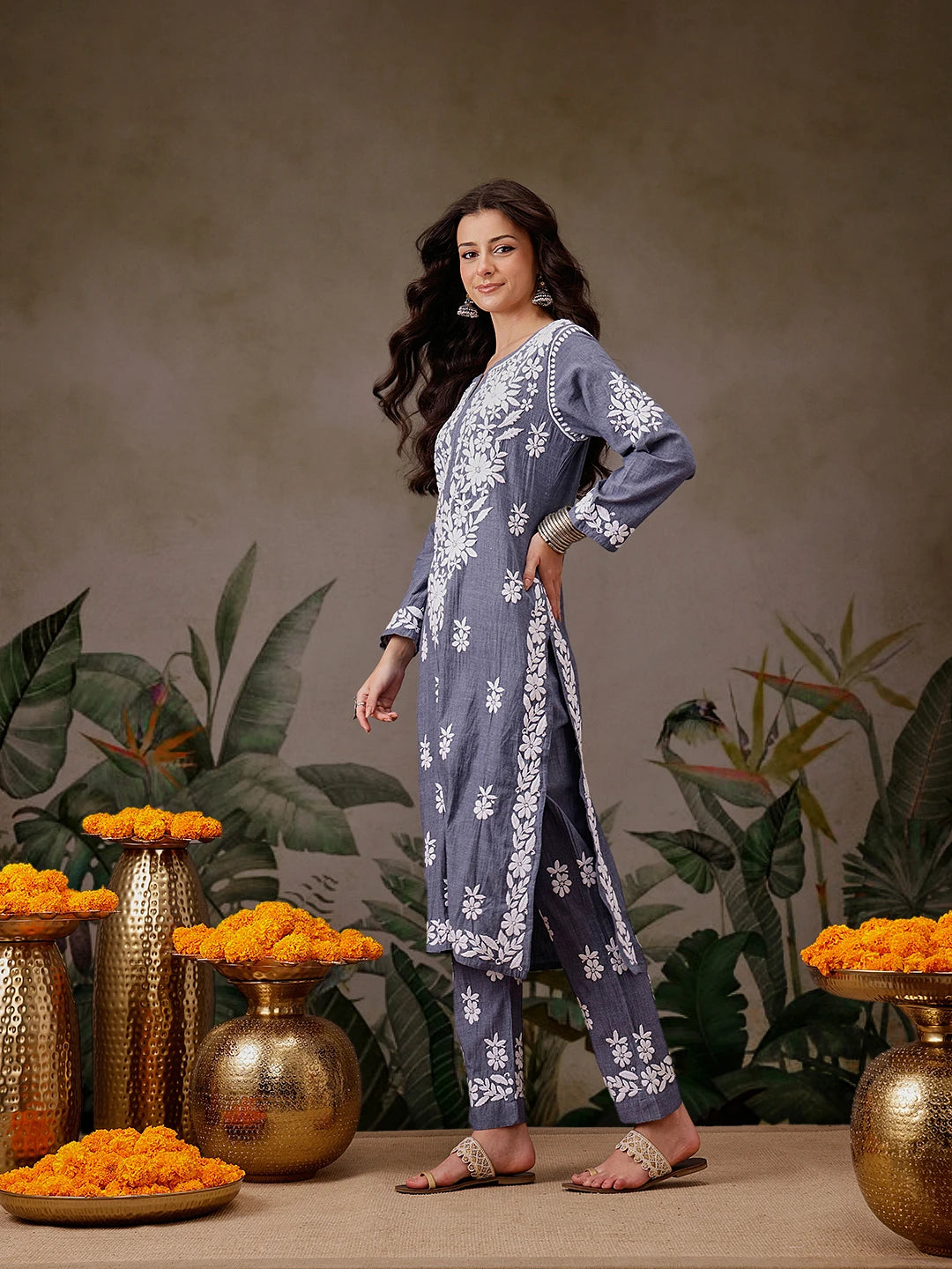 Ada Hand Embroidered Dark Blue Denim Lucknowi Chikankari Co-Ord Set A811304