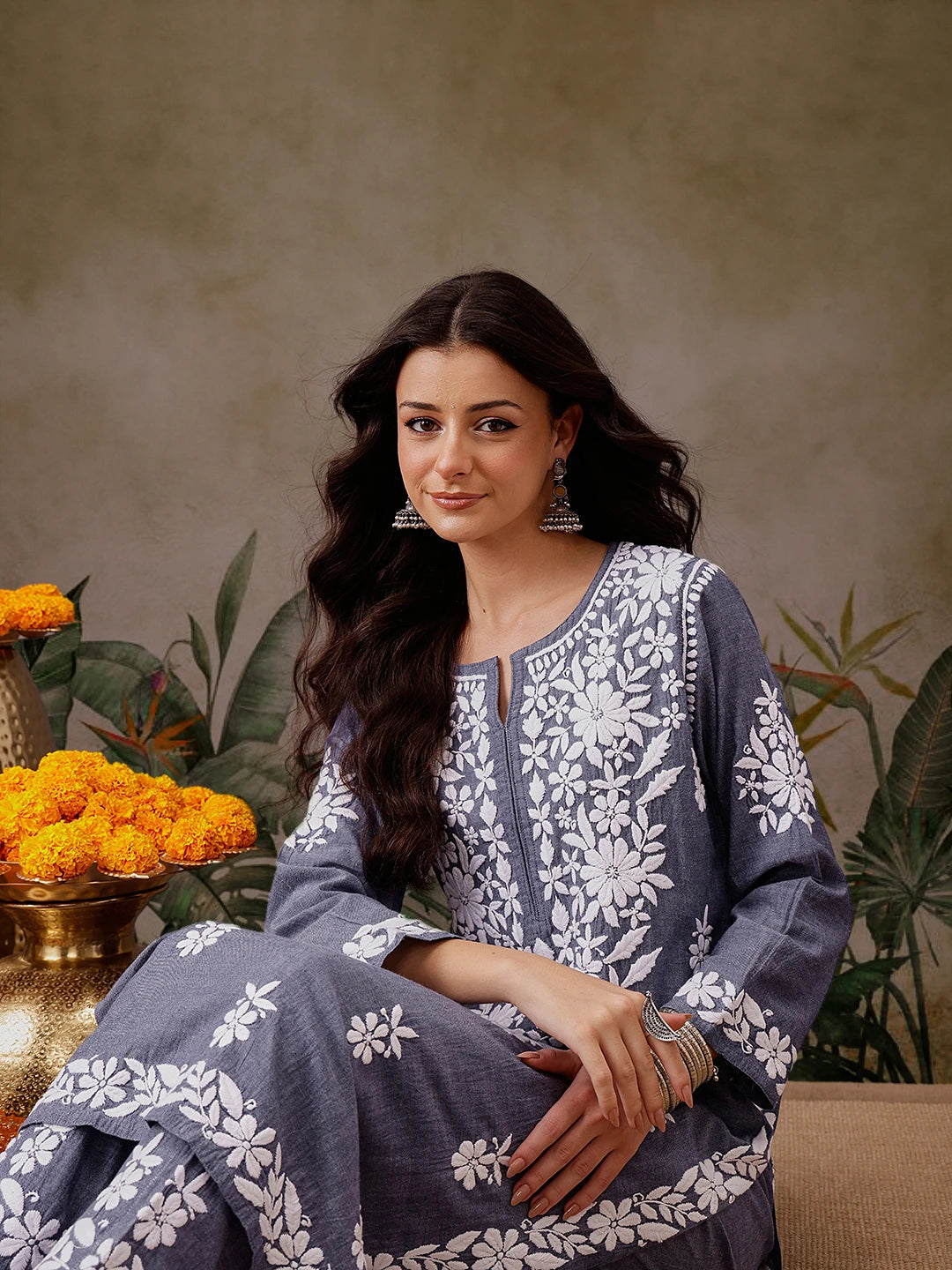 Ada Hand Embroidered Dark Blue Denim Lucknowi Chikankari Co-Ord Set A811304