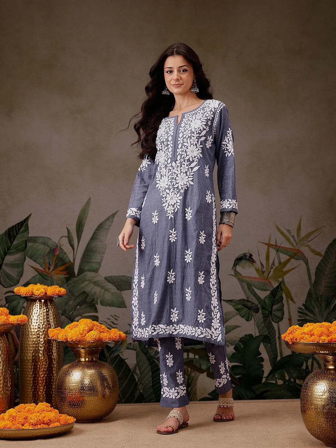 Ada Hand Embroidered Dark Blue Denim Lucknowi Chikankari Co-Ord Set A811304