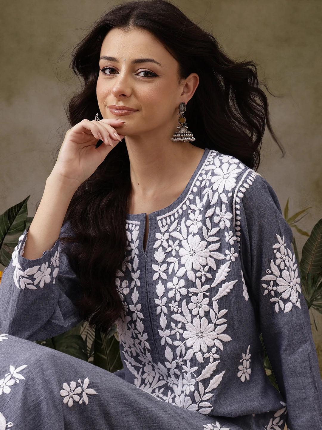 Ada Hand Embroidered Dark Blue Denim Lucknowi Chikankari Co-Ord Set A811304