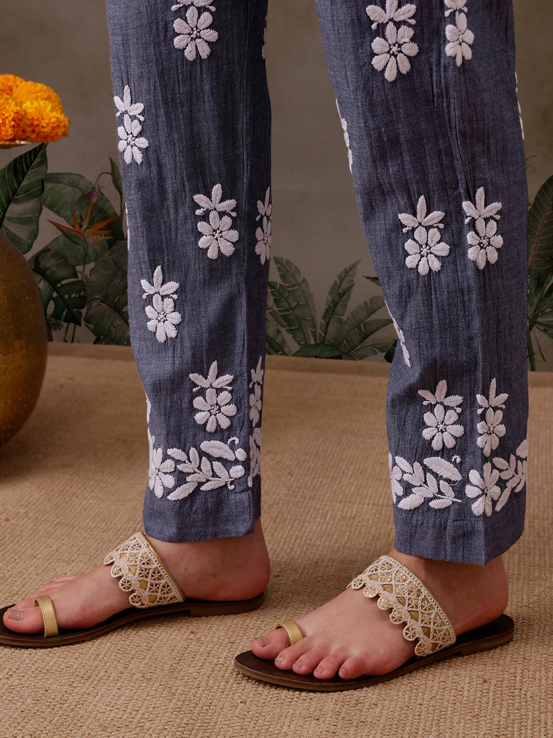 Ada Hand Embroidered Dark Blue Denim Lucknowi Chikankari Co-Ord Set A811304
