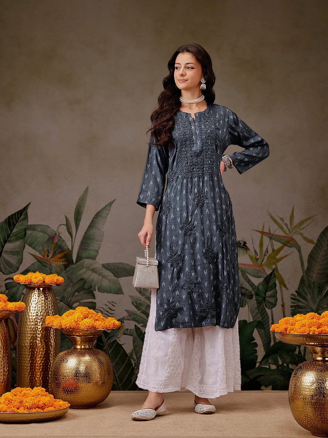 Ada Hand Embroidered Charcoal Grey Cotton Lucknowi Chikankari Straight Kurta A411721