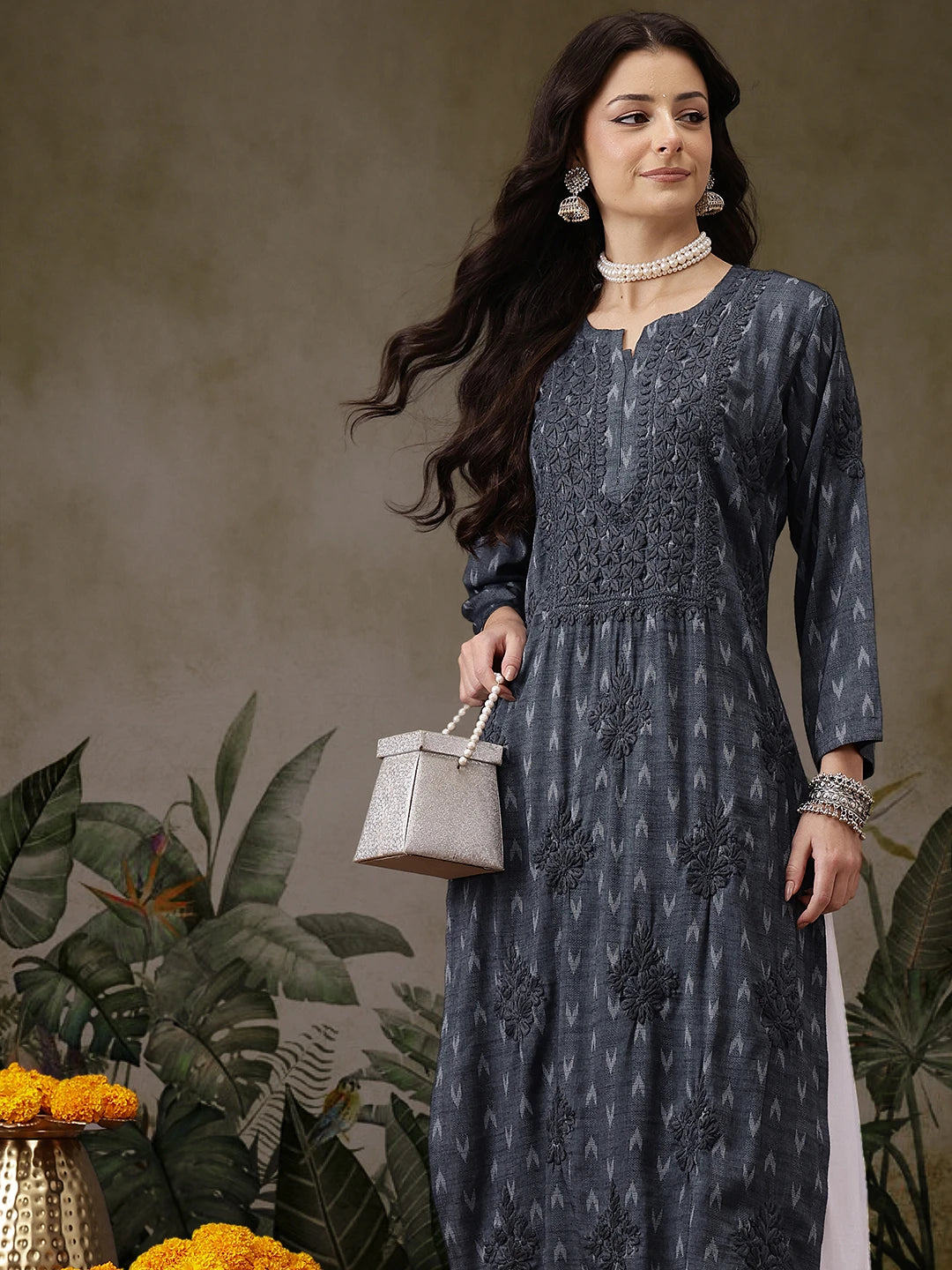 Ada Hand Embroidered Charcoal Grey Cotton Lucknowi Chikankari Straight Kurta A411721