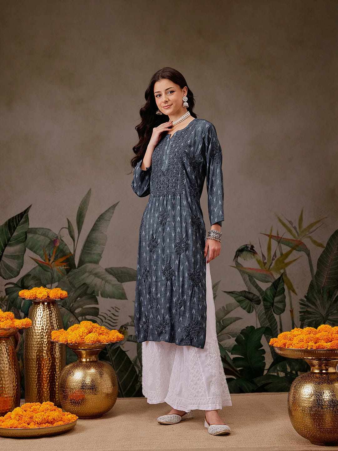 Ada Hand Embroidered Charcoal Grey Cotton Lucknowi Chikankari Straight Kurta A411721
