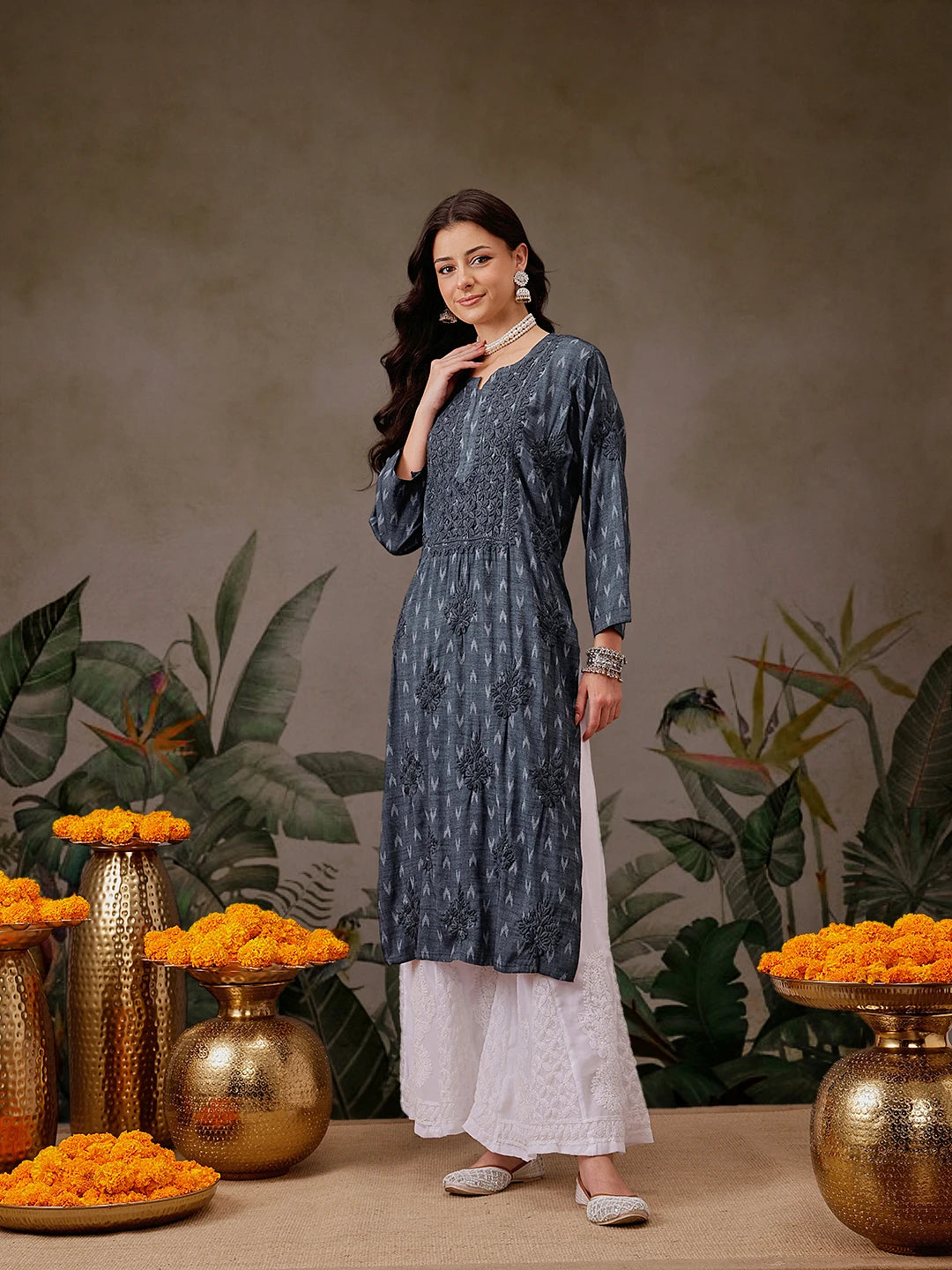 Ada Hand Embroidered Charcoal Grey Cotton Lucknowi Chikankari Straight Kurta A411721