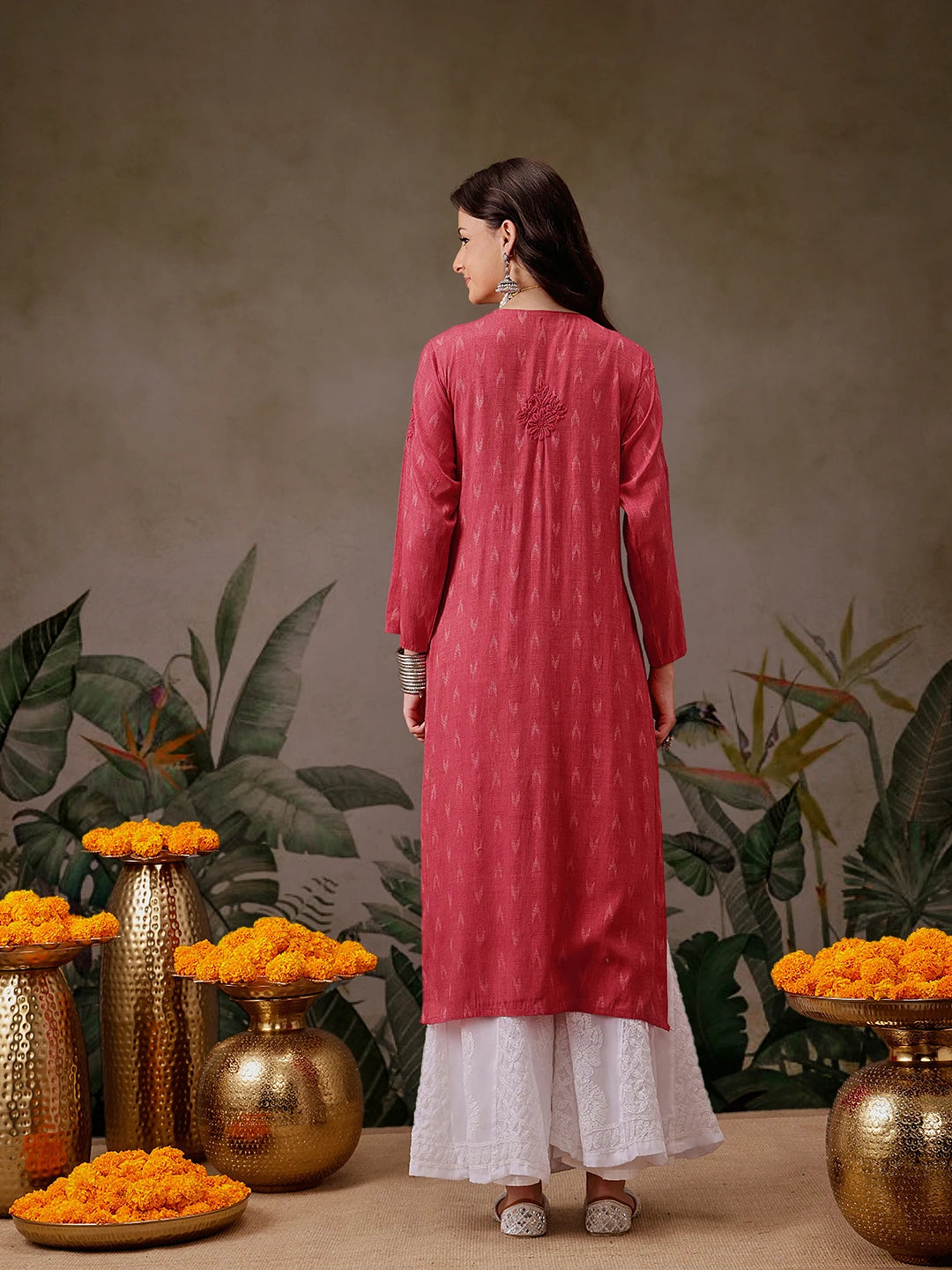 Ada Hand Embroidered Carrot Pink Cotton Lucknowi Chikankari Straight Kurta A411722