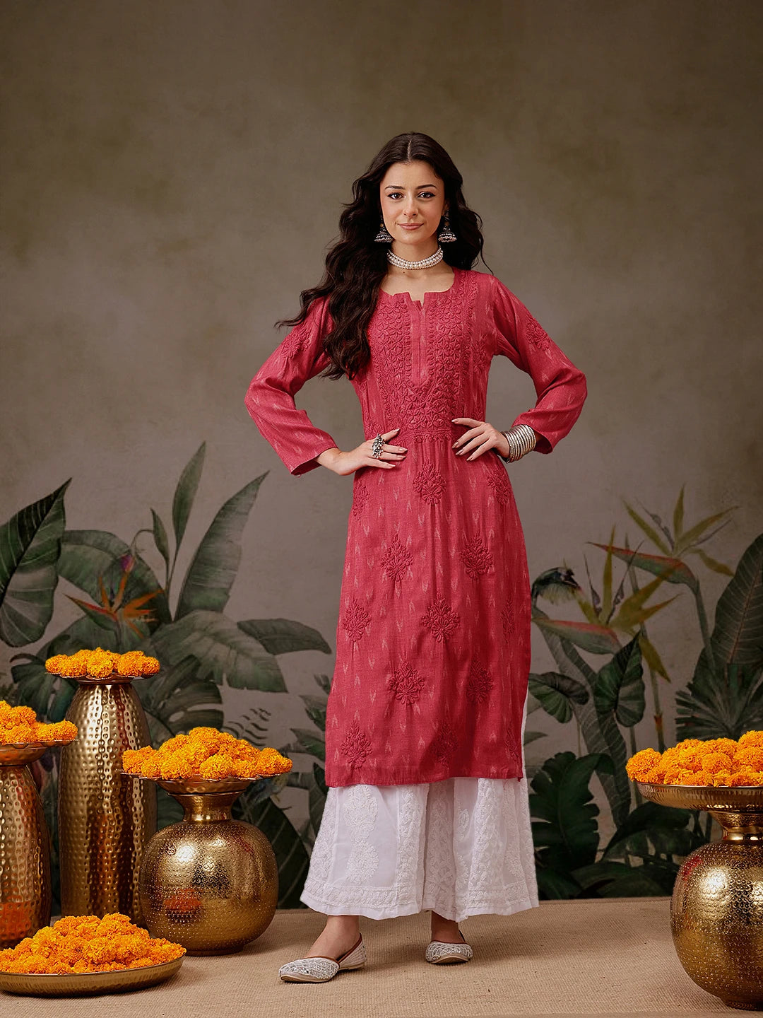 Ada Hand Embroidered Carrot Pink Cotton Lucknowi Chikankari Straight Kurta A411722
