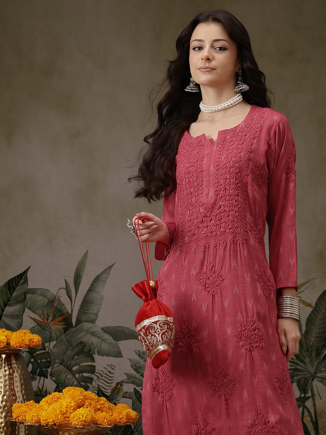 Ada Hand Embroidered Carrot Pink Cotton Lucknowi Chikankari Straight Kurta A411722