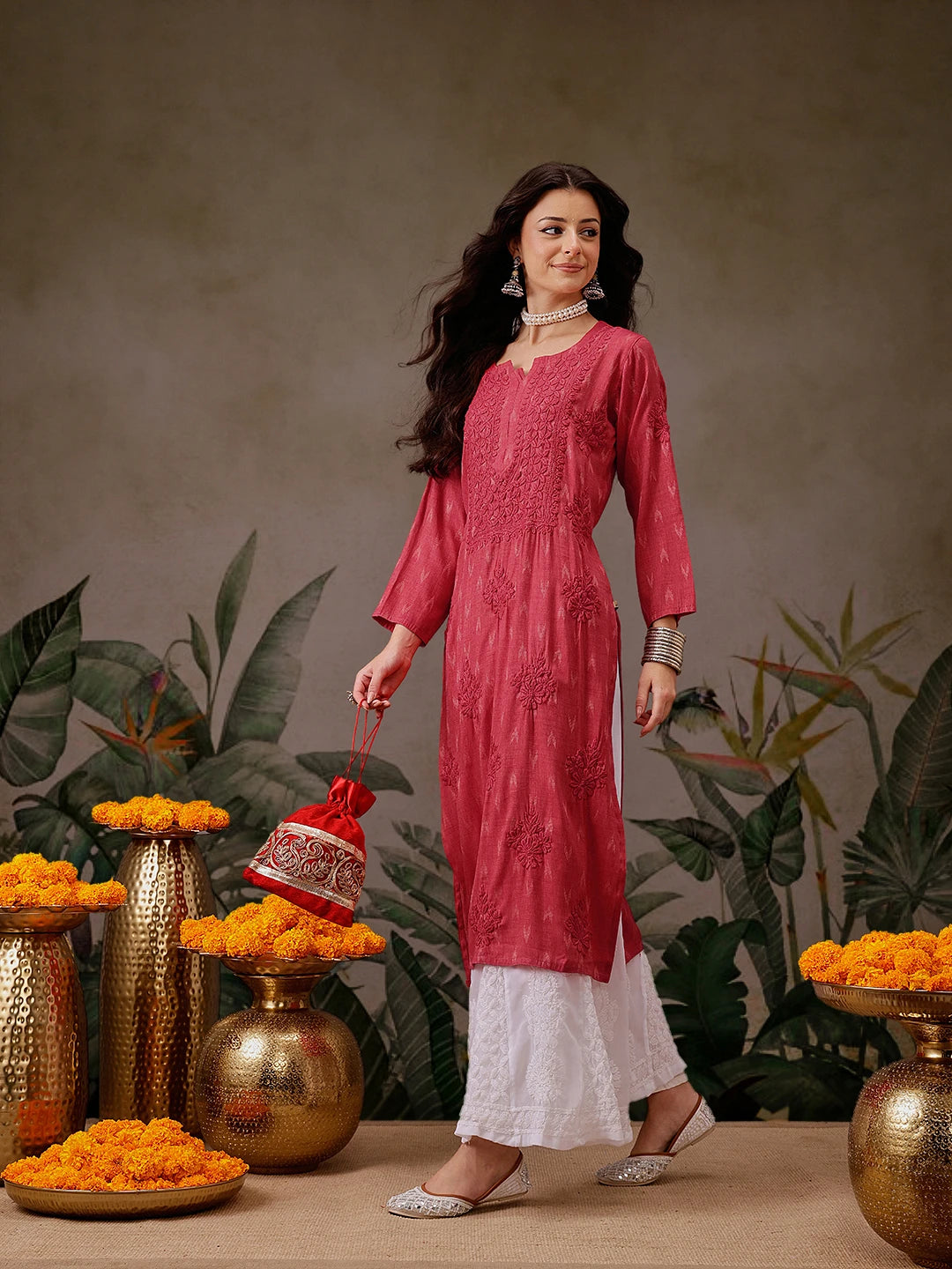 Ada Hand Embroidered Carrot Pink Cotton Lucknowi Chikankari Straight Kurta A411722