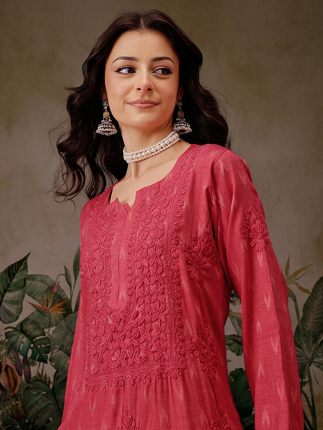 Ada Hand Embroidered Carrot Pink Cotton Lucknowi Chikankari Straight Kurta A411722