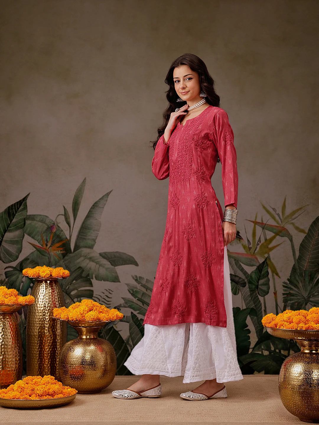 Ada Hand Embroidered Carrot Pink Cotton Lucknowi Chikankari Straight Kurta A411722