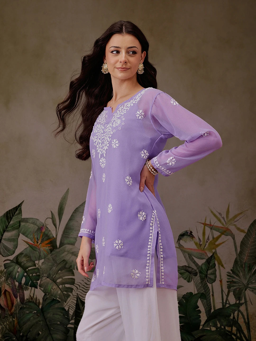 Ada Hand Embroidered Mauve Georgette Lucknowi Chikankari Straight Kurti With Slip A911302