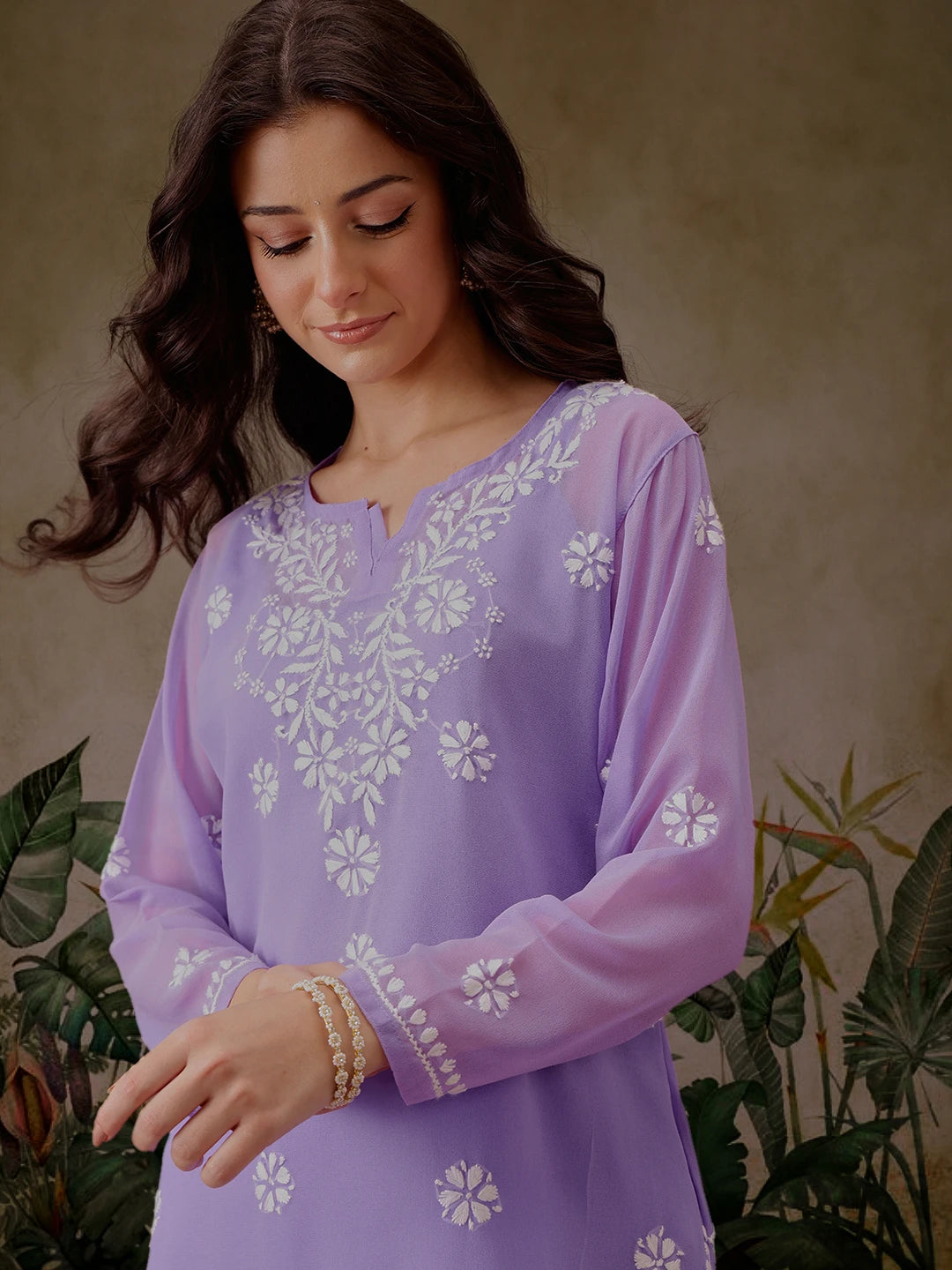 Ada Hand Embroidered Mauve Georgette Lucknowi Chikankari Straight Kurti With Slip A911302