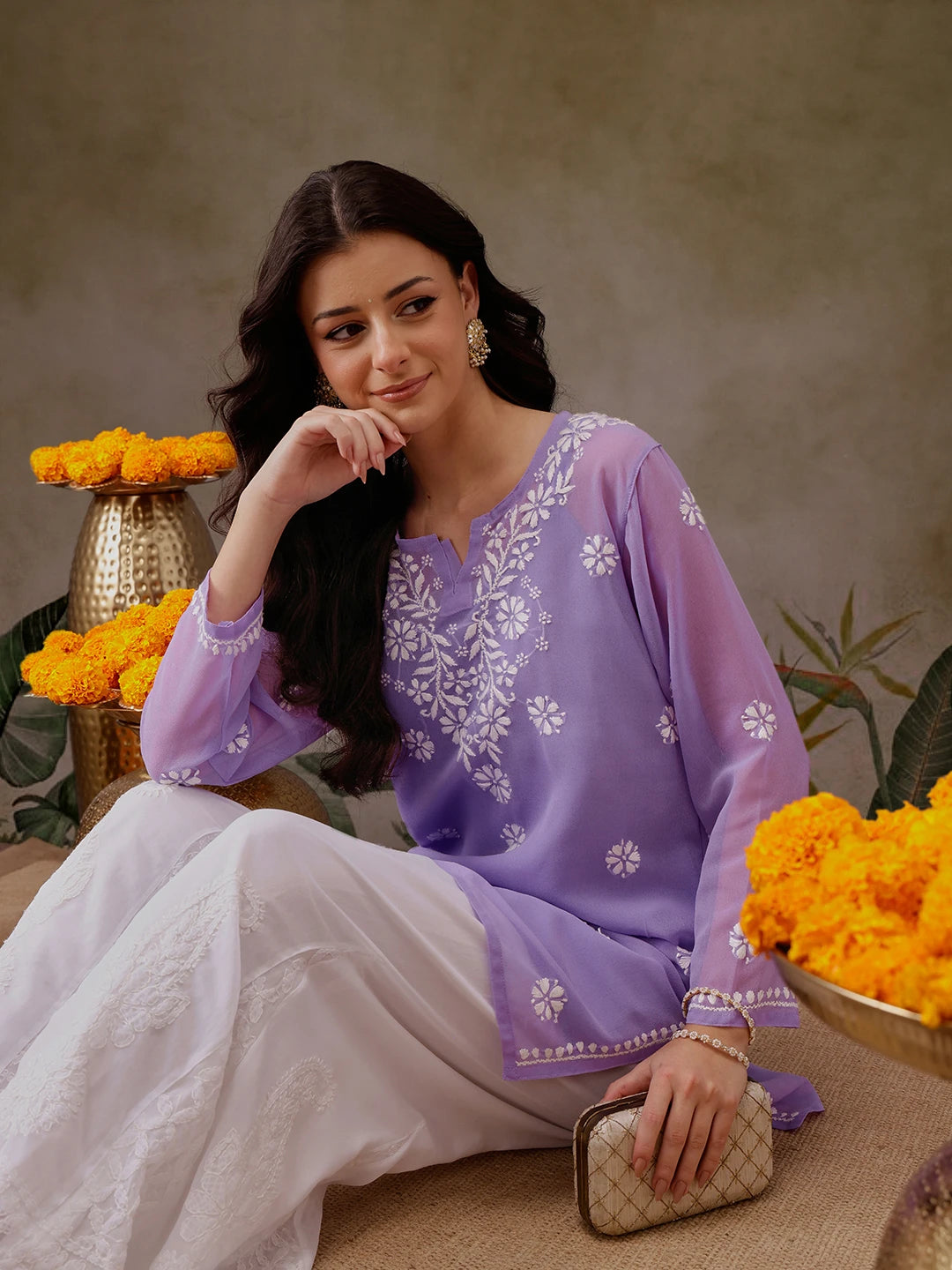 Ada Hand Embroidered Mauve Georgette Lucknowi Chikankari Straight Kurti With Slip A911302