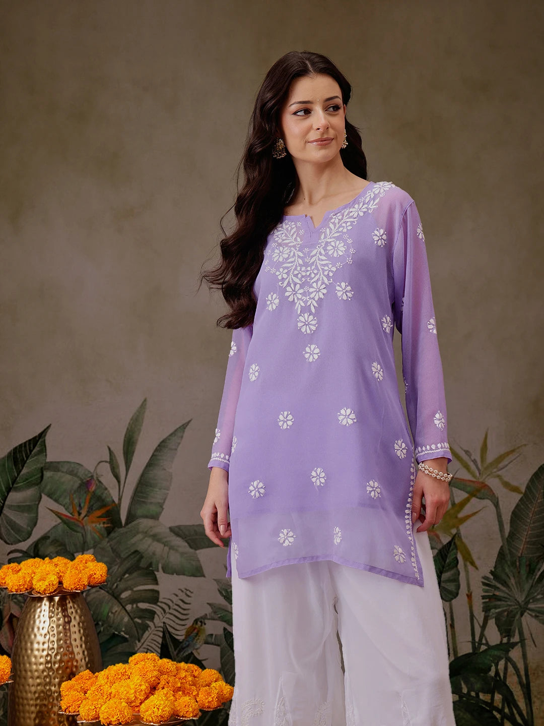 Ada Hand Embroidered Mauve Georgette Lucknowi Chikankari Straight Kurti With Slip A911302