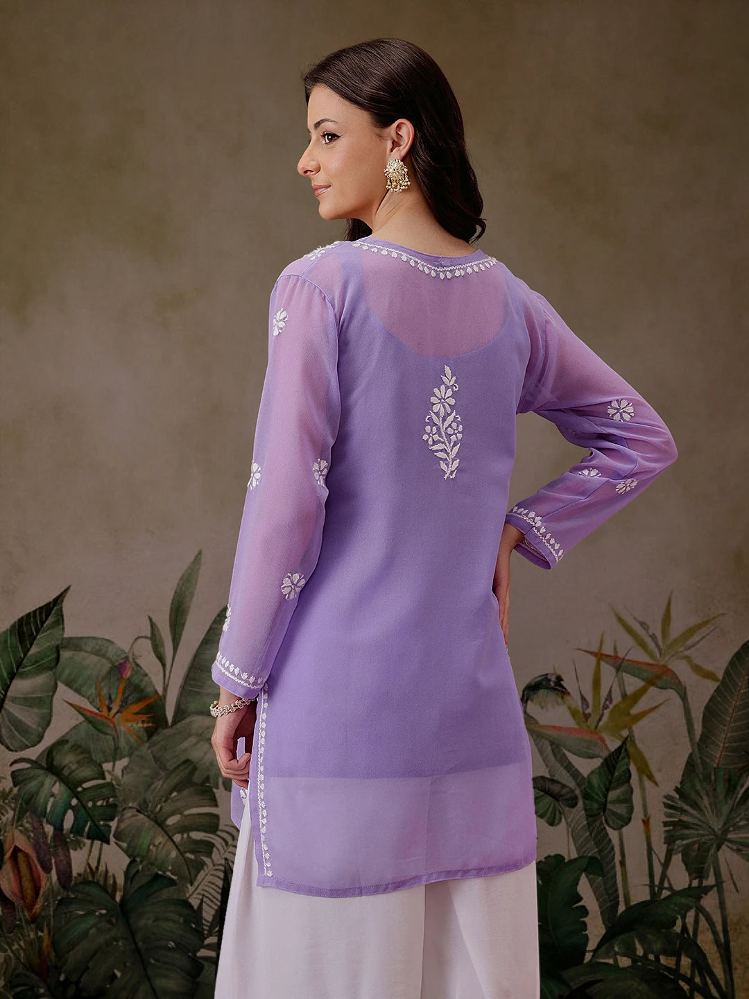 Ada Hand Embroidered Mauve Georgette Lucknowi Chikankari Straight Kurti With Slip A911302