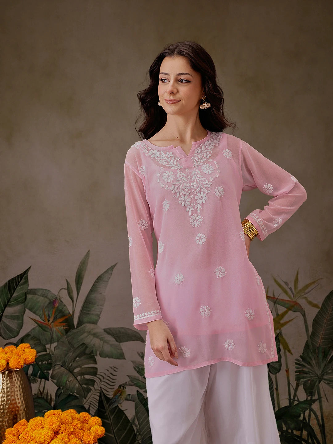 Ada Hand Embroidered Pink Georgette Lucknowi Chikankari Straight Kurti With Slip A911303