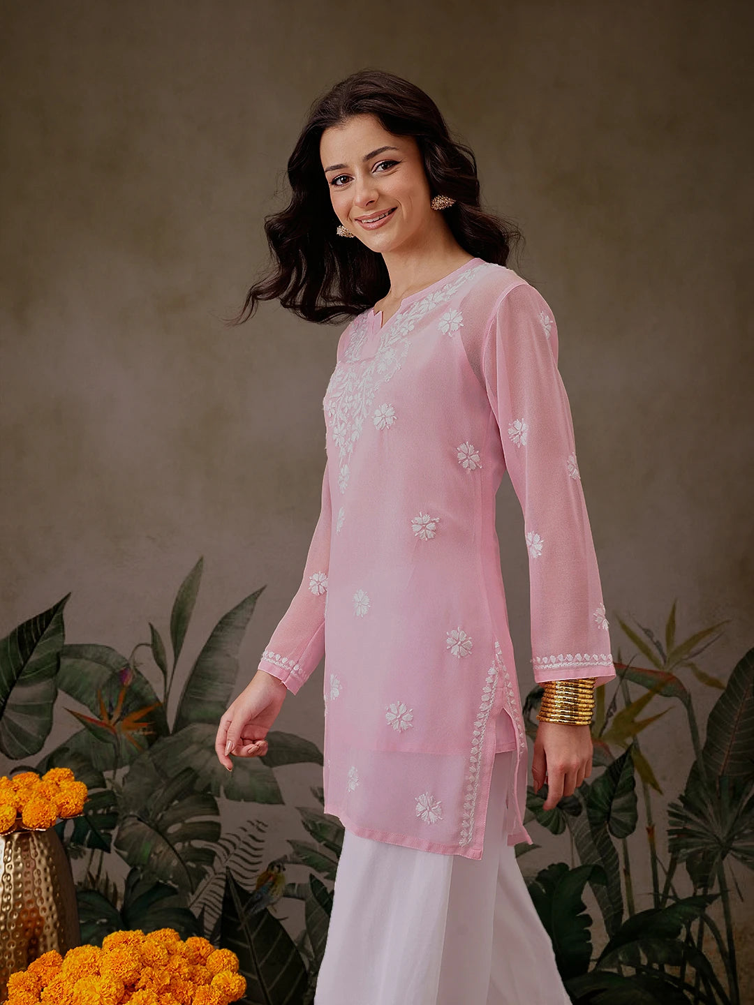 Ada Hand Embroidered Pink Georgette Lucknowi Chikankari Straight Kurti With Slip A911303