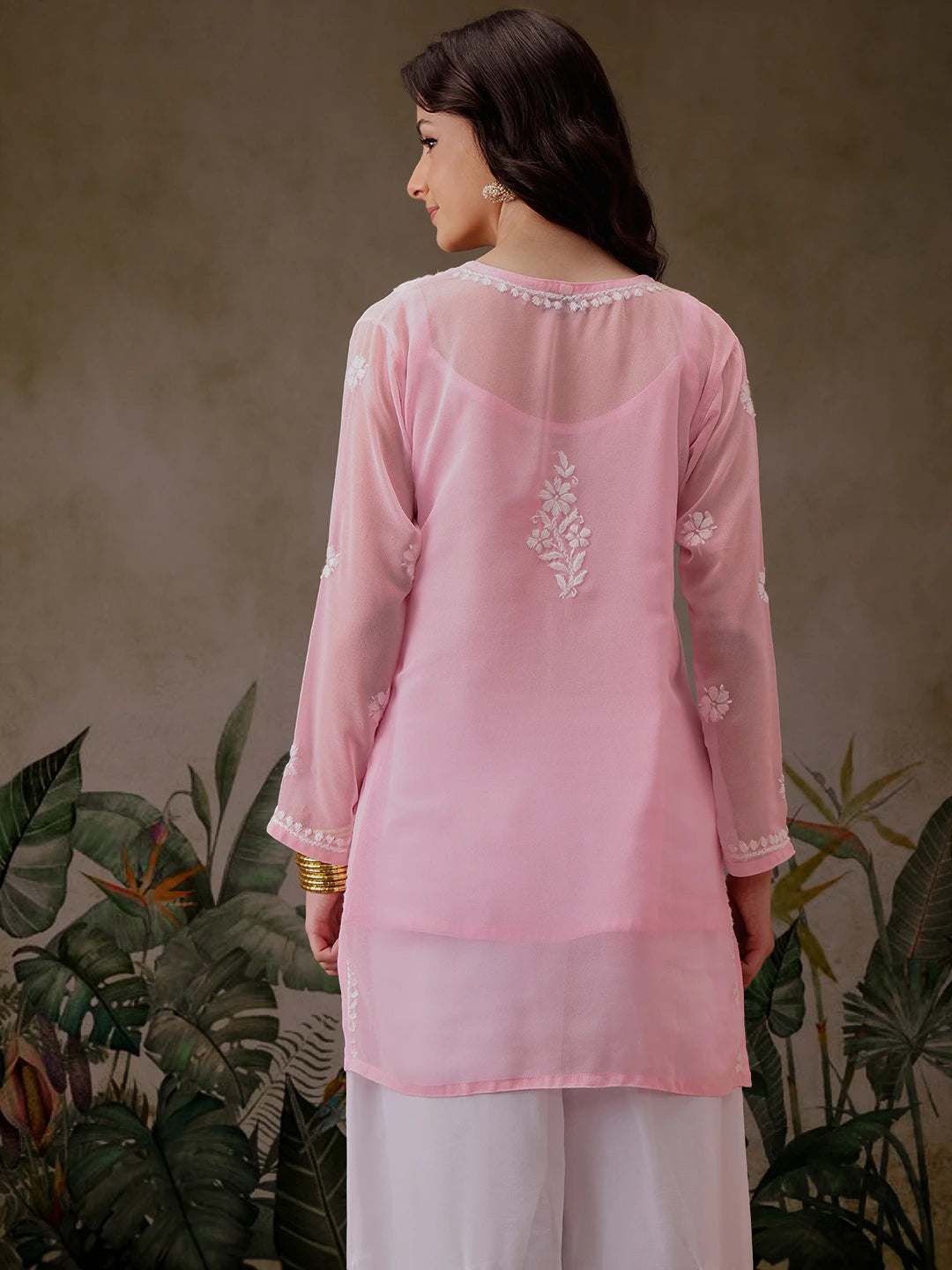 Ada Hand Embroidered Pink Georgette Lucknowi Chikankari Straight Kurti With Slip A911303