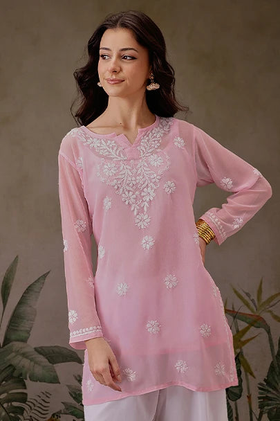 Ada Hand Embroidered Pink Georgette Lucknowi Chikankari Straight Kurti With Slip A911303