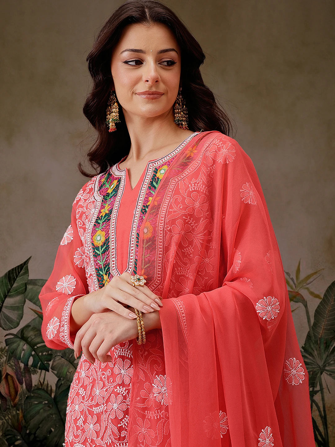 Ada Hand Embroidered Carrot Pink Georgette Lucknowi Chikankari Unstitched Suit Piece With Parsi Work A211300