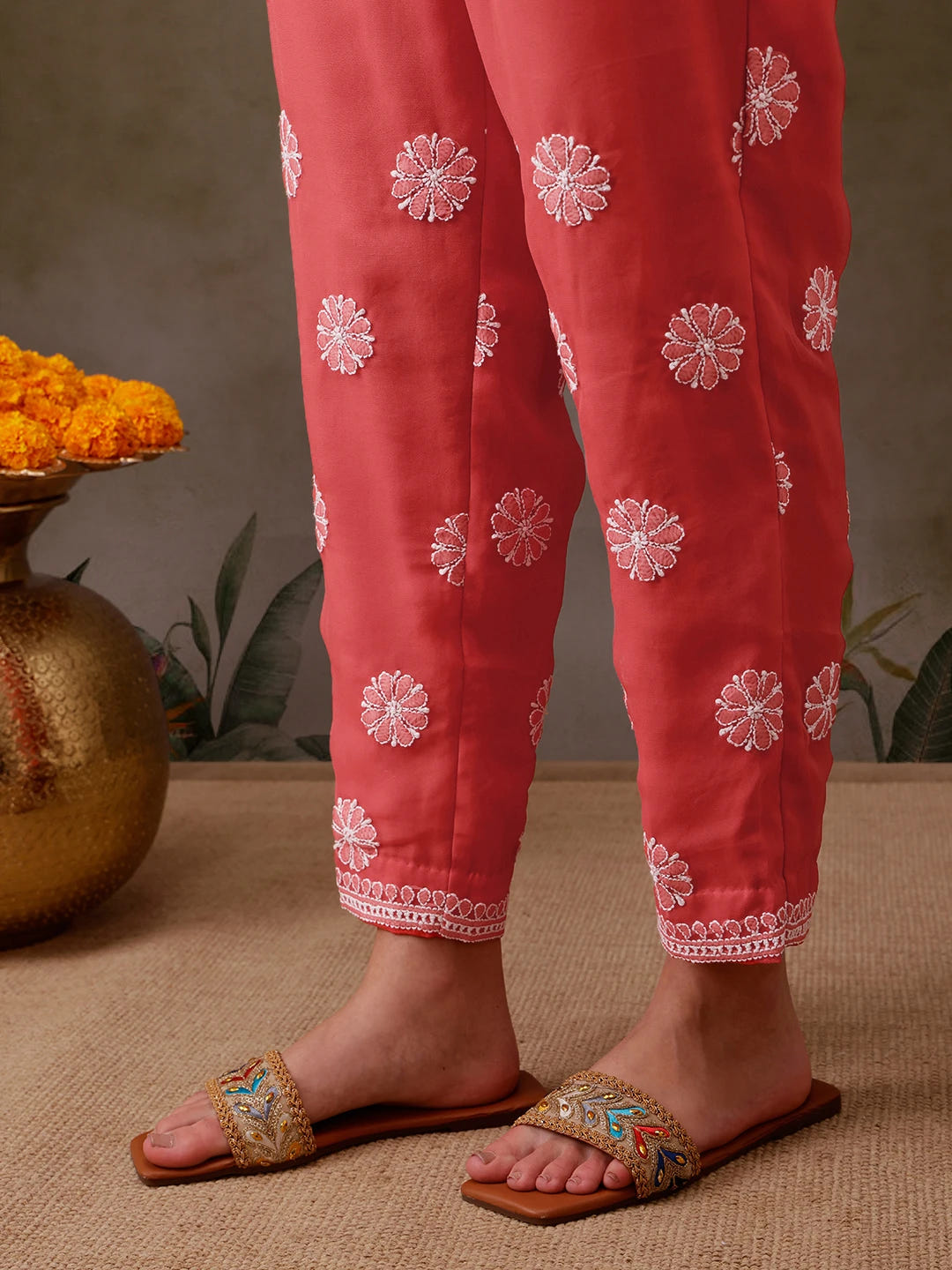Ada Hand Embroidered Carrot Pink Georgette Lucknowi Chikankari Unstitched Suit Piece With Parsi Work A211300