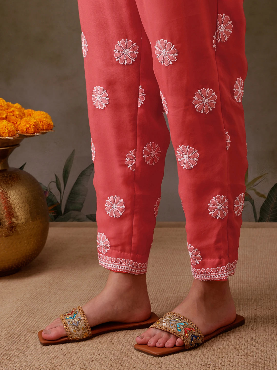 Ada Hand Embroidered Carrot Pink Georgette Lucknowi Chikankari Unstitched Suit Piece With Parsi Work A211300