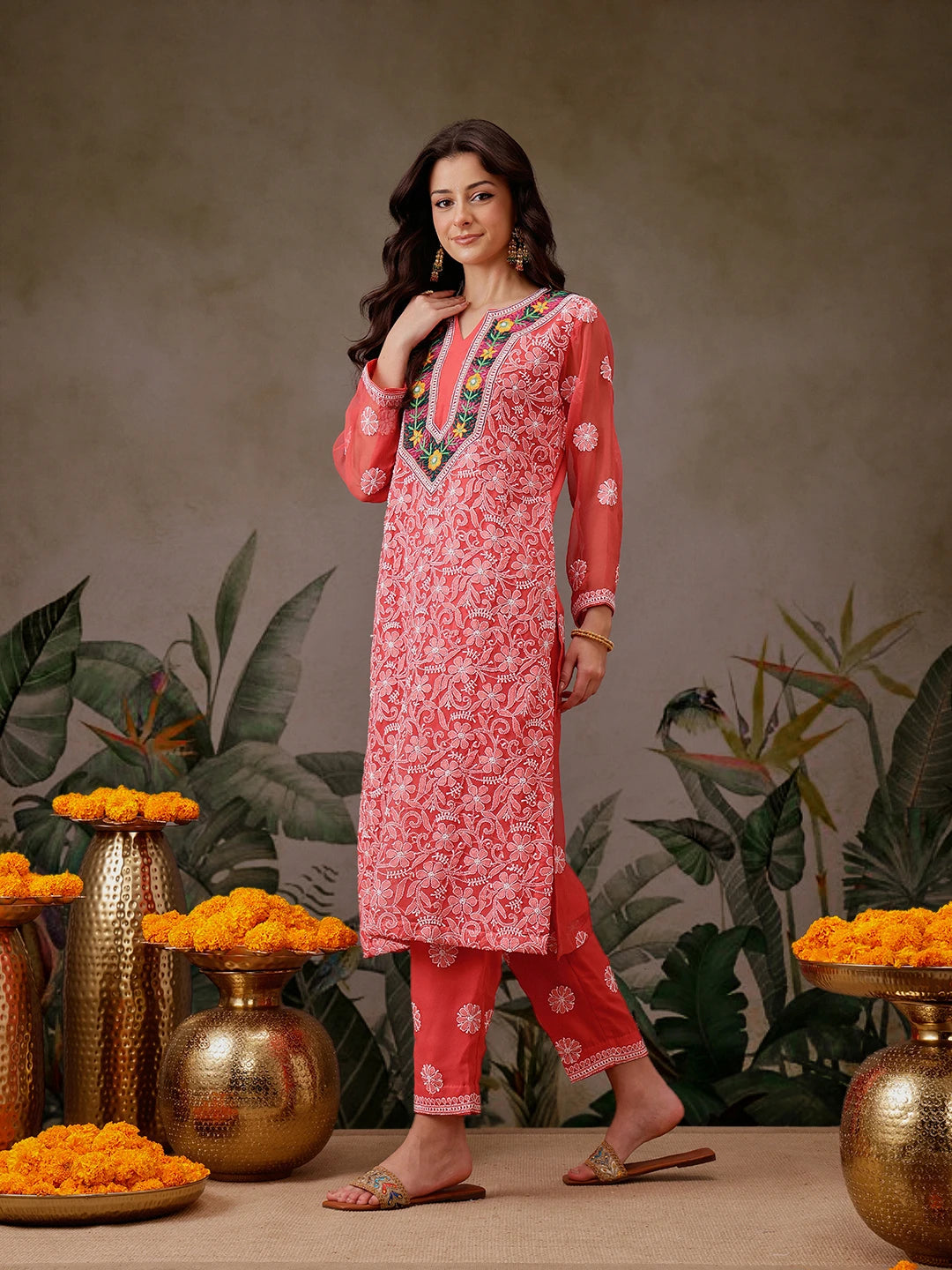 Ada Hand Embroidered Carrot Pink Georgette Lucknowi Chikankari Unstitched Suit Piece With Parsi Work A211300