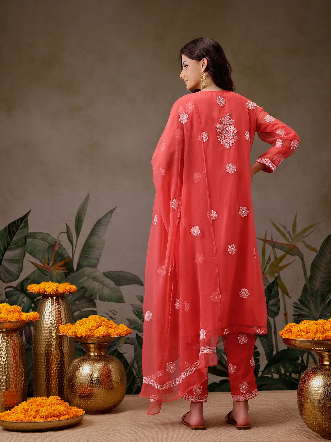 Ada Hand Embroidered Carrot Pink Georgette Lucknowi Chikankari Unstitched Suit Piece With Parsi Work A211300
