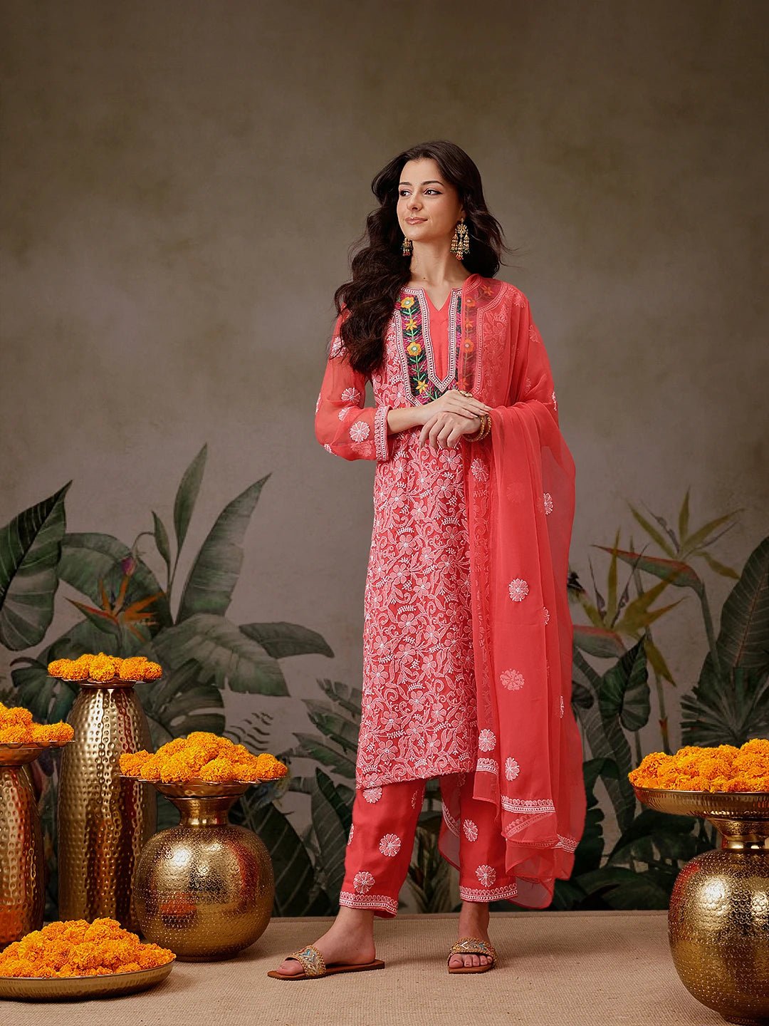 Ada Hand Embroidered Carrot Pink Georgette Lucknowi Chikankari Unstitched Suit Piece With Parsi Work A211300