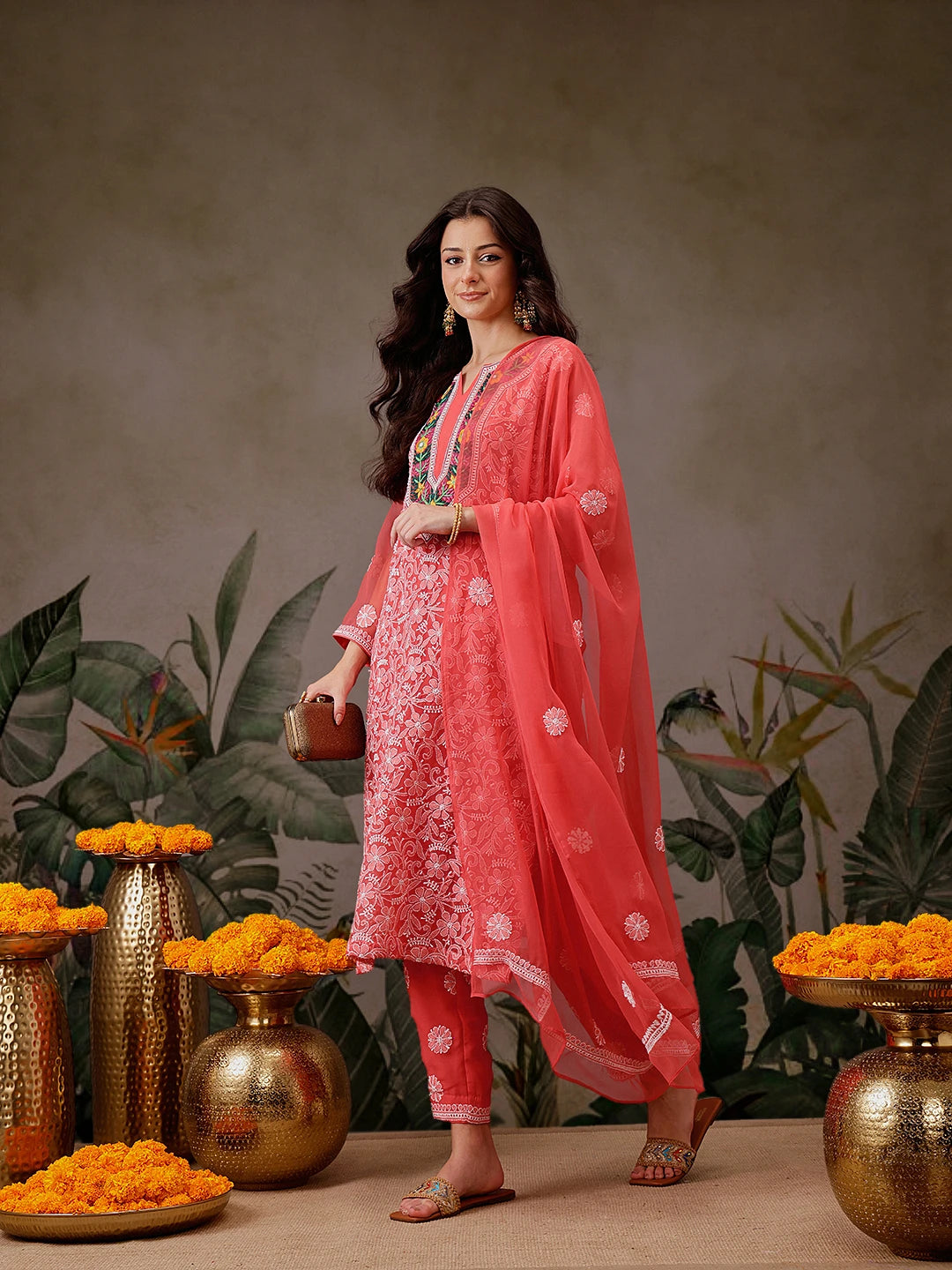 Ada Hand Embroidered Carrot Pink Georgette Lucknowi Chikankari Unstitched Suit Piece With Parsi Work A211300