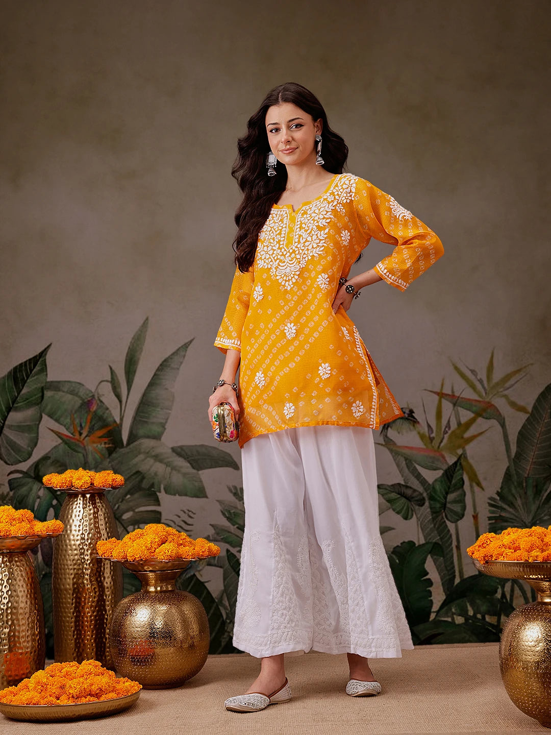 Ada Hand Embroidered Mustard Printed Kota Lucknowi Chikankari Short Kurti With Slip A911450