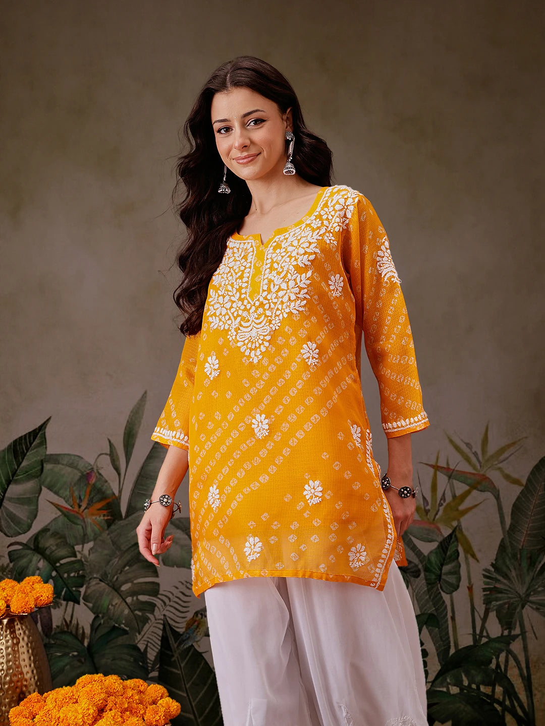 Ada Hand Embroidered Mustard Printed Kota Lucknowi Chikankari Short Kurti With Slip A911450