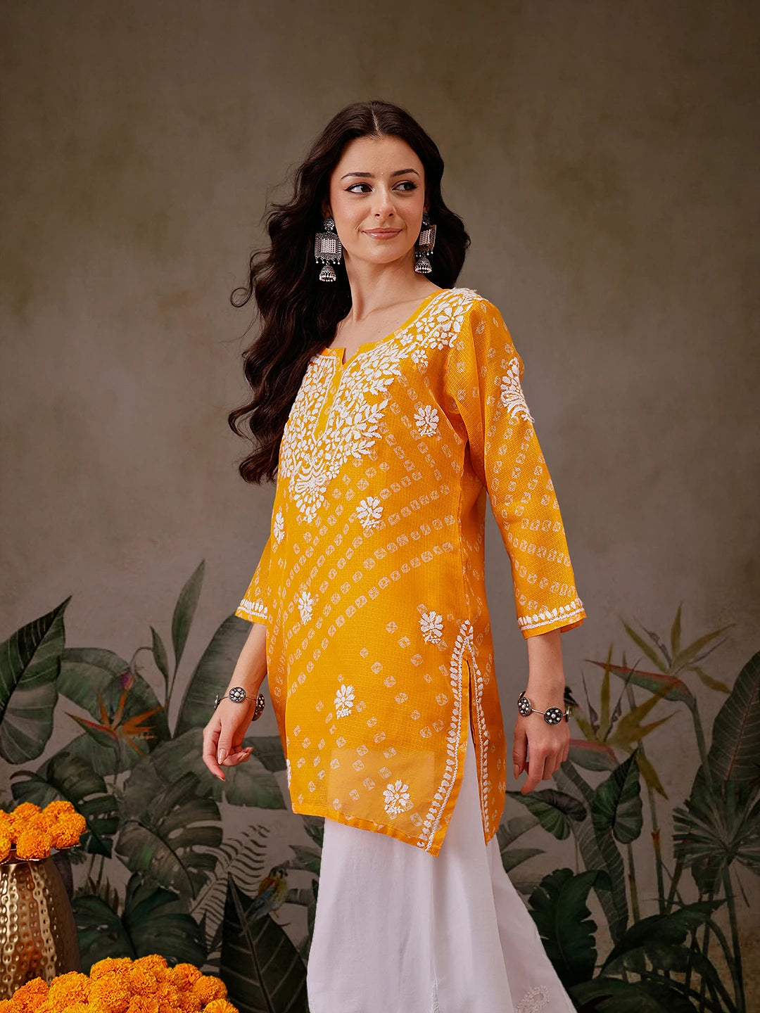 Ada Hand Embroidered Mustard Printed Kota Lucknowi Chikankari Short Kurti With Slip A911450