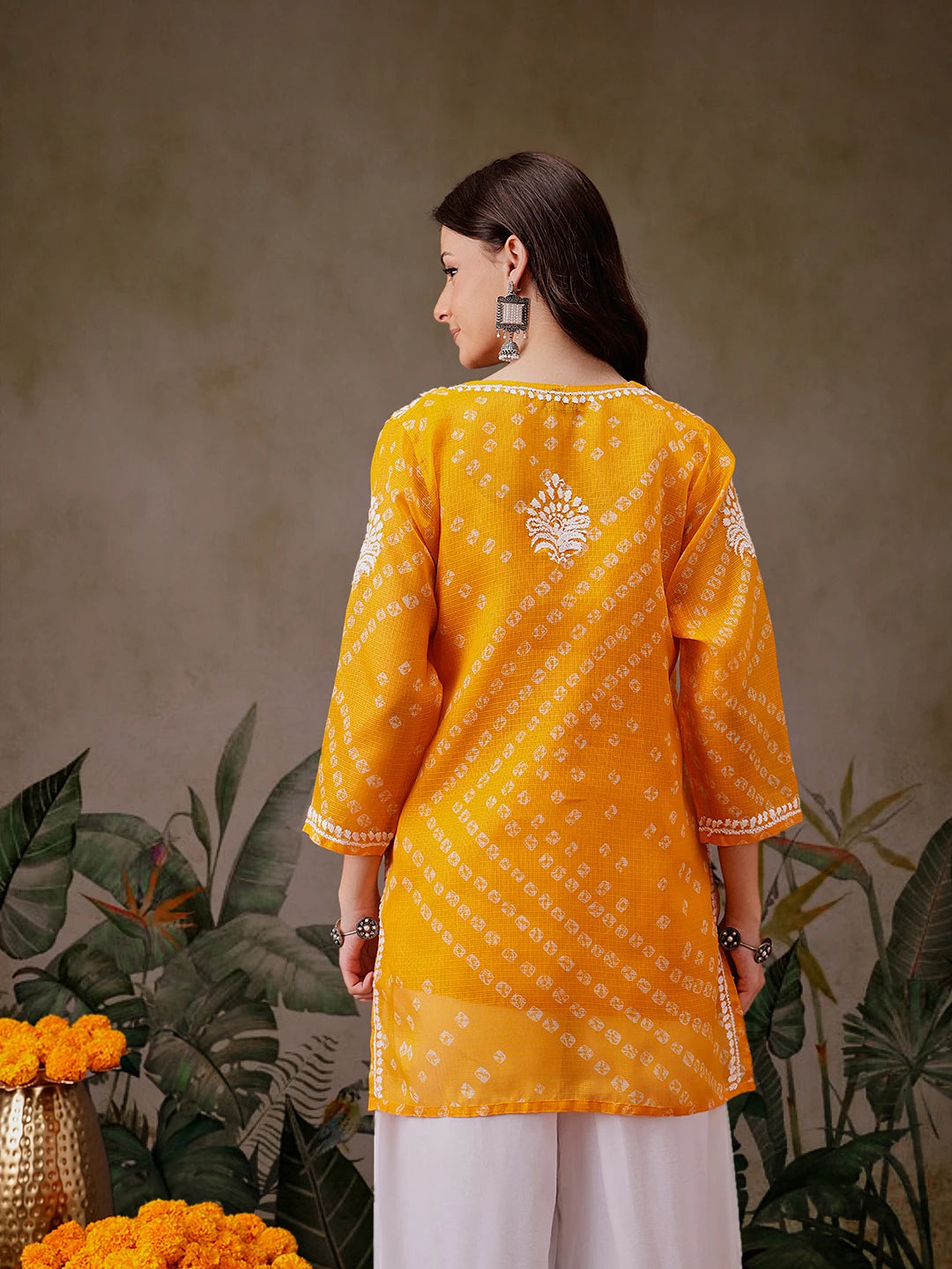 Ada Hand Embroidered Mustard Printed Kota Lucknowi Chikankari Short Kurti With Slip A911450