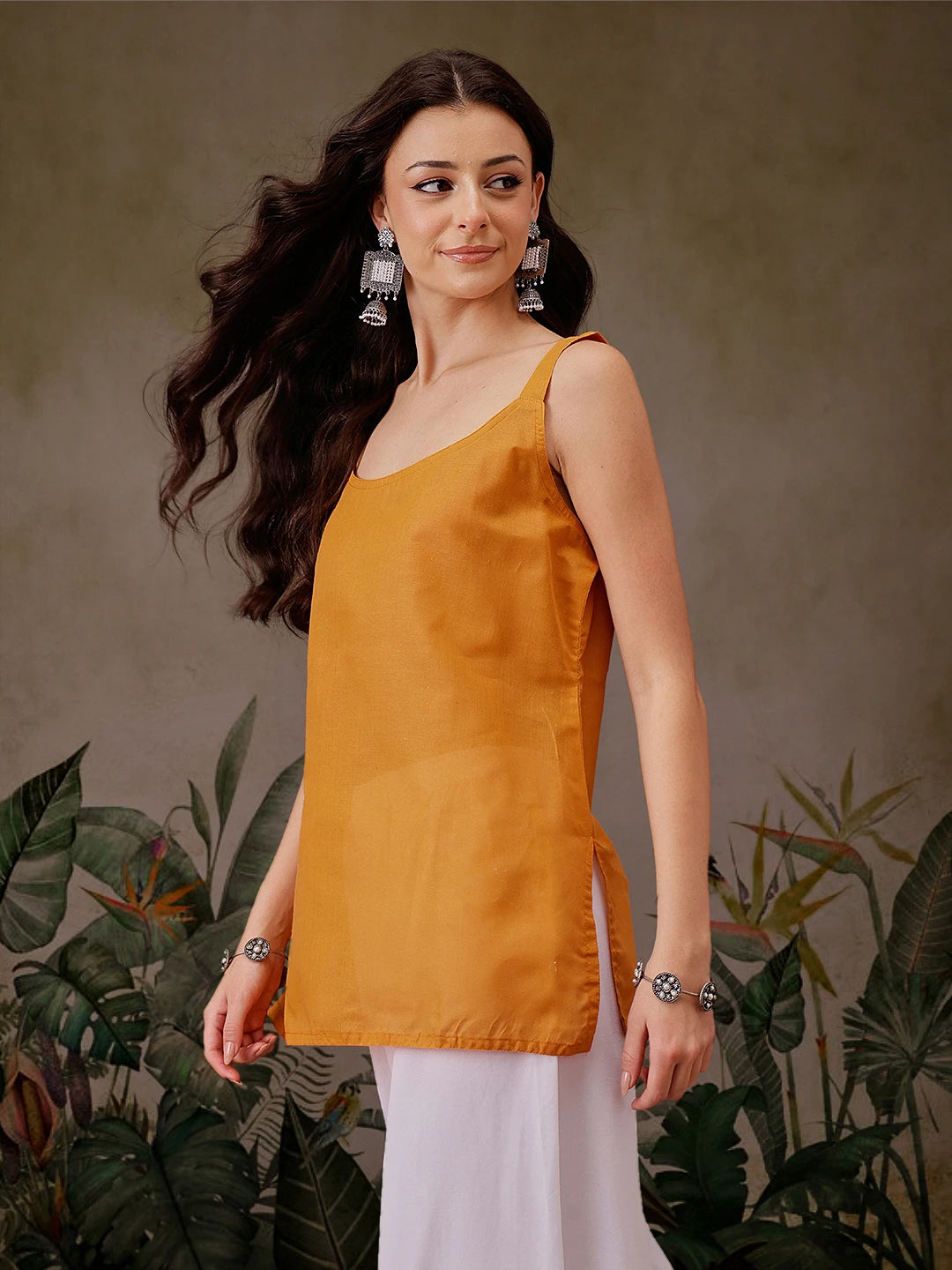 Ada Hand Embroidered Mustard Printed Kota Lucknowi Chikankari Short Kurti With Slip A911450