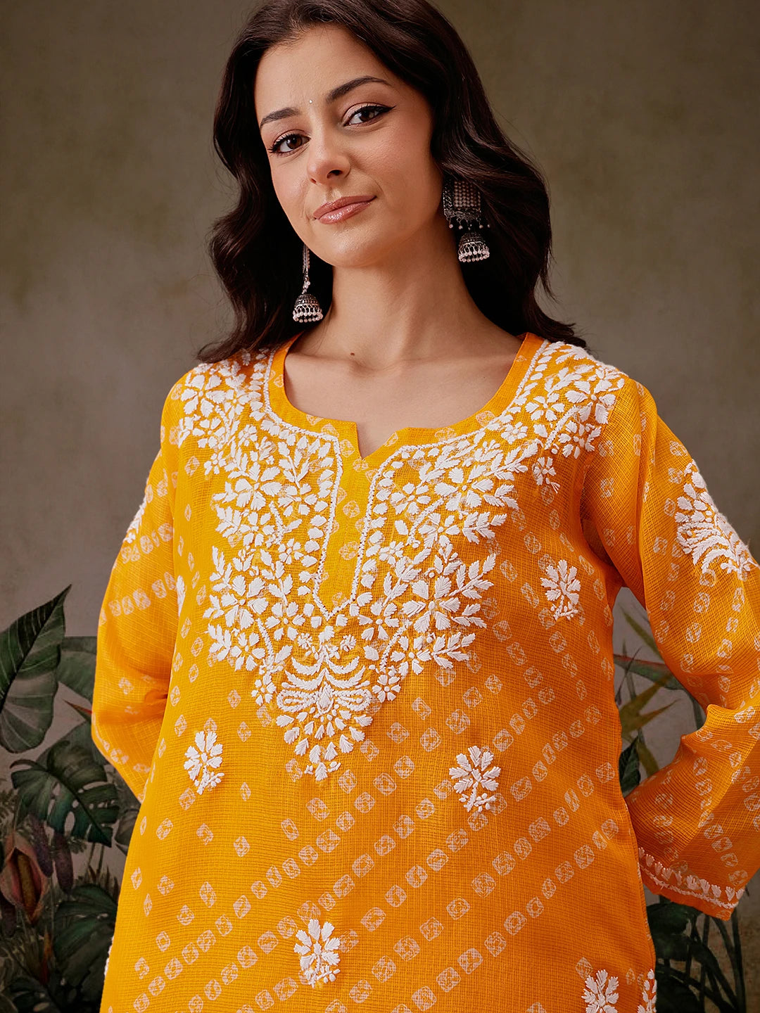 Ada Hand Embroidered Mustard Printed Kota Lucknowi Chikankari Short Kurti With Slip A911450