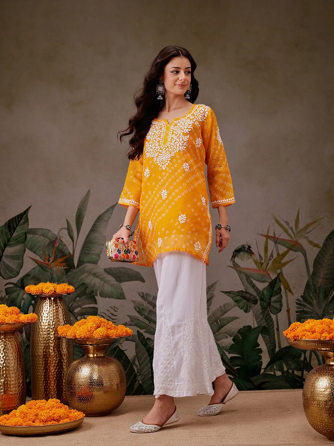 Ada Hand Embroidered Mustard Printed Kota Lucknowi Chikankari Short Kurti With Slip A911450