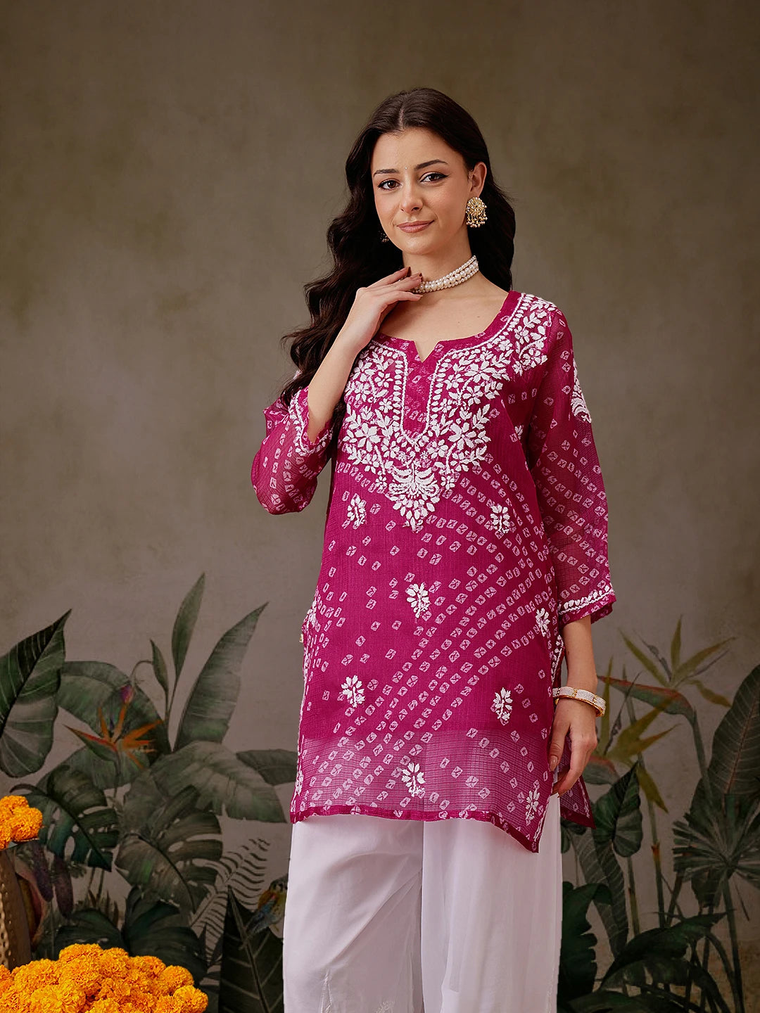 Ada Hand Embroidered Magenta Printed Kota Lucknowi Chikankari Short Kurti With Slip A911449