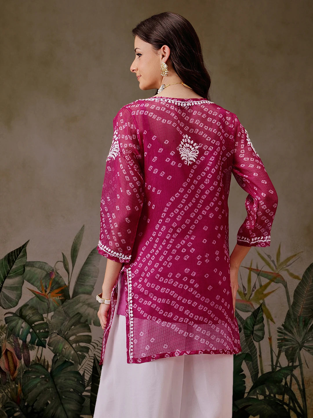 Ada Hand Embroidered Magenta Printed Kota Lucknowi Chikankari Short Kurti With Slip A911449