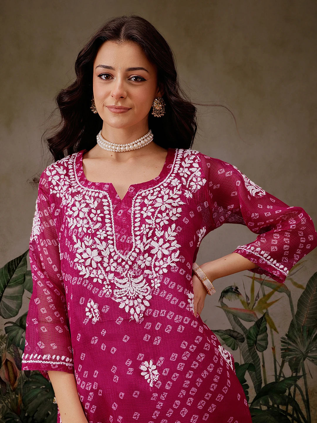 Ada Hand Embroidered Magenta Printed Kota Lucknowi Chikankari Short Kurti With Slip A911449