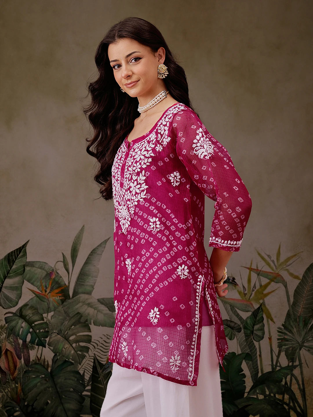 Ada Hand Embroidered Magenta Printed Kota Lucknowi Chikankari Short Kurti With Slip A911449